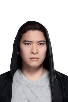 Asian man in hoodie shirt isolated over white background