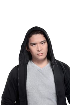 Asian man in hoodie shirt isolated over white background