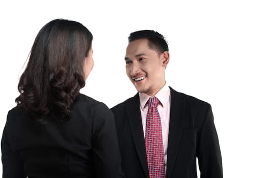 Business man and woman shake hand isolated over white background