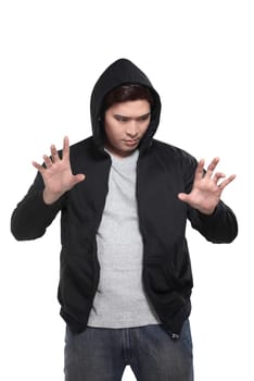 Man in hoodie typing something isolated over white background