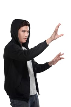 Man in hoodie typing something isolated over white background