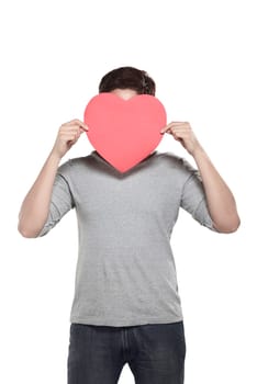 Asian man holding red heart. Valentine's day concept
