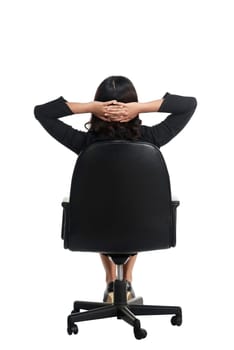 Asian business woman sitting backview isolated over white background