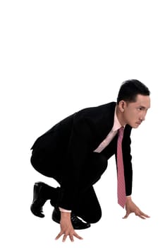 Asian business man start running isolated over white background