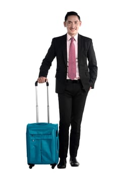 Business man walking with suitcase isolated over white background