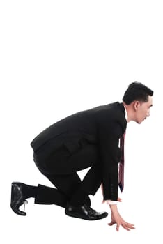 Asian business man start running isolated over white background