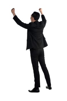 Backview of asian business man raise hand isolated over white background