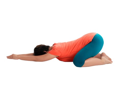 Asian pregnant woman doing yoga over isolated white background