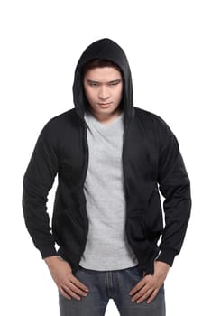 Asian man in hoodie shirt isolated over white background