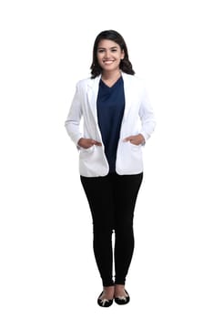 Asian female doctor standing fullbody isolated over white background