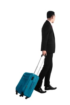 Back view of business man walking with suitcase isolated over white background