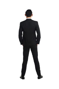 Backview asian business man isolated over white background