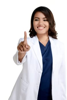 Female doctor push something isolated over white background