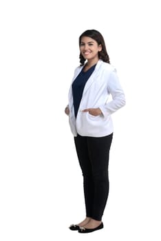 Asian female doctor standing fullbody isolated over white background