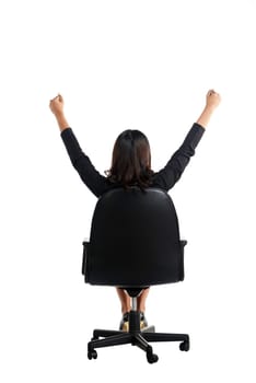 Business woman sitting on the chair raise hand isolated over white background