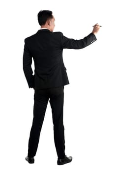 Asian business man writing something isolated over white background