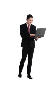 Asian business man holding laptop isolated over white background