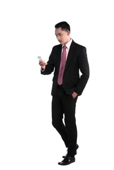 Business man walking while talking via cellphone isolated over white background