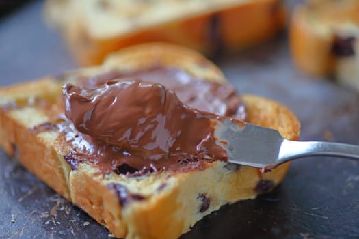 Toasted brioche slice with chocolate hazelnut spread closeup