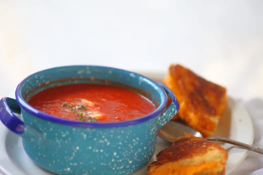 Tomato soup with fresh thyme, grilled cheese sandwich and room for text