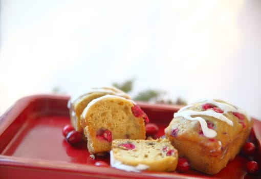 Small fresh cranberry loaf cakes with icing and copy space