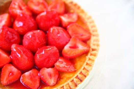 Custard pie with fresh strawberries with copy space