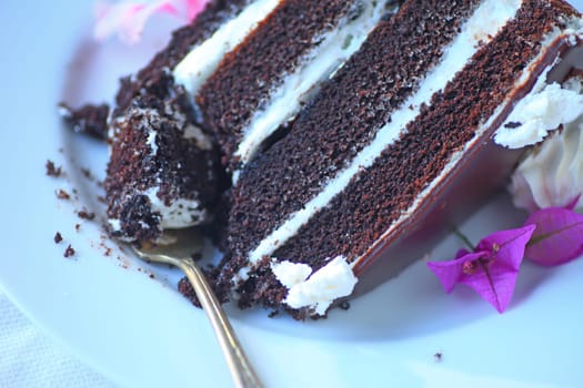 Chocolate cake dessert with four layers filled with vanilla cream on a white plate