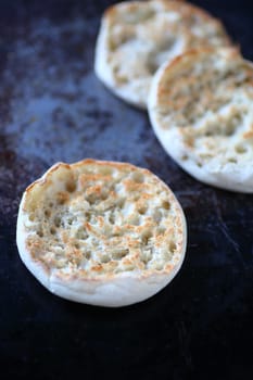 Overhead of toasted English muffins