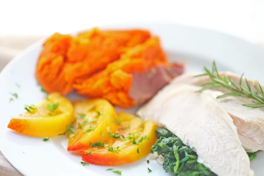 Poached chicken over sauteed kale with a baked sweet potato and heirloom tomatoes