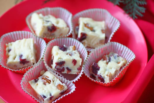 Holiday fudge made from white chocolate, dried cranberries and pecans