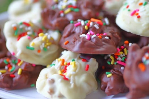 Closeup of white and milk chocolate candy with nuts and sprinkles