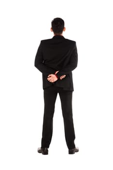 Asian business man standing backview isolated over white background