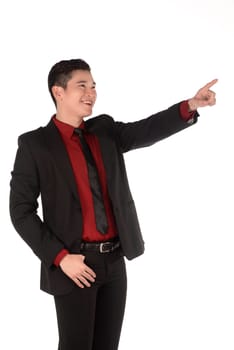 Asian business man pointing something isolated over white background