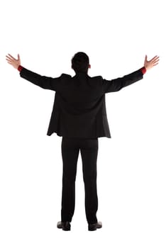 Asian business man standing backview isolated over white background