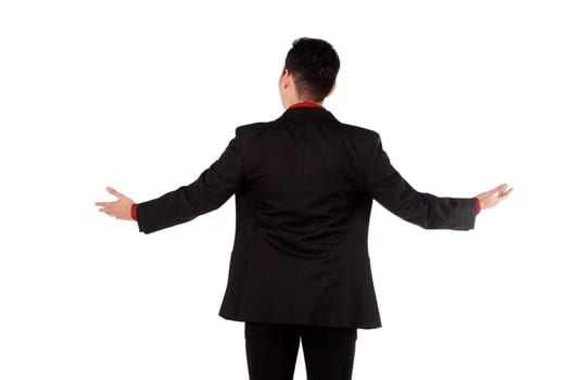 Business man giving lecture taken from behind isolated over white background