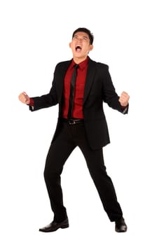 Business man screaming happy isolated over white background