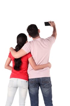 Asian couple selfie with cellphone isolated over white background