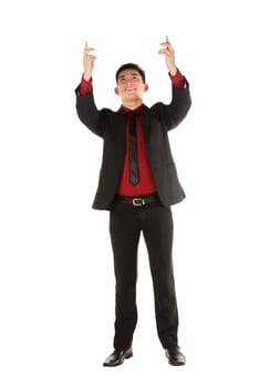 Asian business man holding something isolated over white background