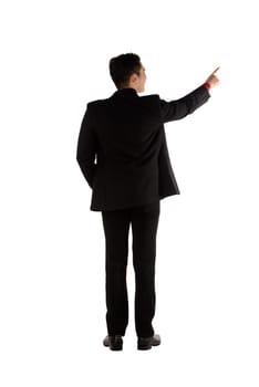 Asian business man pointing something isolated over white background