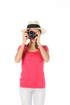 Asian photographer taking image isolated over white background