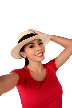 Pretty girl take a selfie portrait isolated over white background