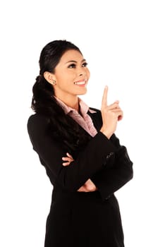 Young asian business woman thinking isolated over white background