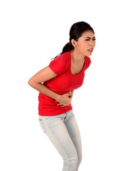 Asian woman have stomach ache isolated over white background