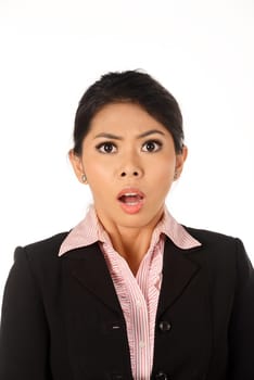Asian business woman shocked isolated over white background