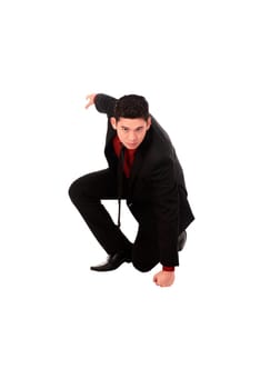 Asian business man with fighting gesture isolated over white background