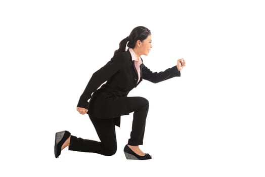 Asian business woman running isolated over white background