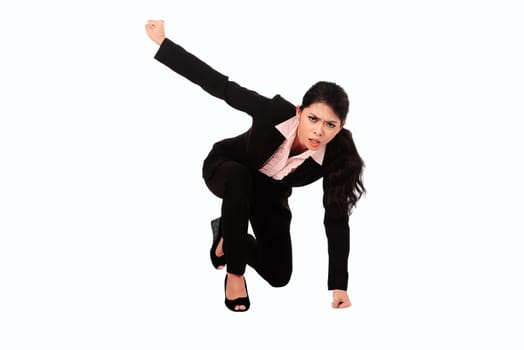 Asian business woman with fighting gesture isolated over white background