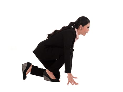 Asian business woman running isolated over white background