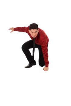 Asian business man with fighting gesture isolated over white background