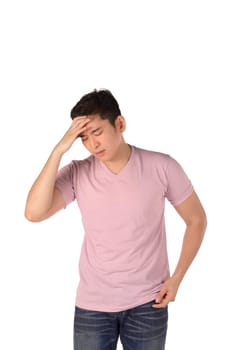 Asian man have headache isolated over white background